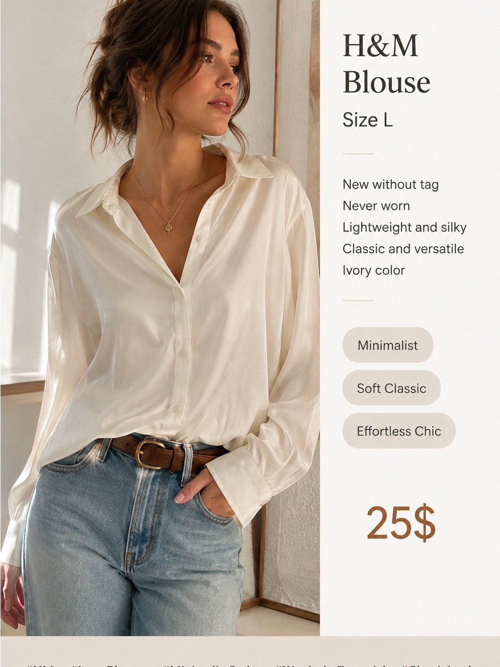 ✨ H&M Ivory Satin Button-Up Blouse Size L